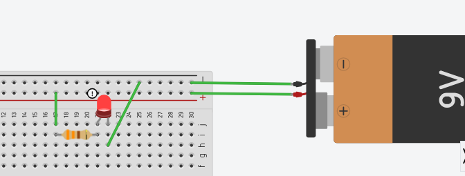 Montage LED rouge avec résistance 330 ohms sur breadboard, circuit allumé sur pile 9V